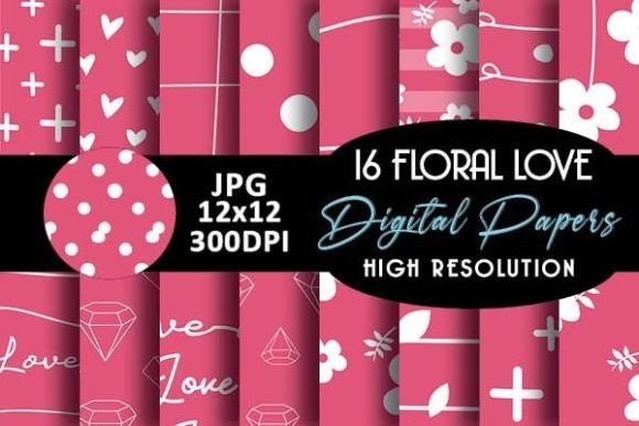 Red Love Floral Patterns Digital Paper
