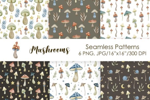 Watercolor Mushrooms Seamless Patterns