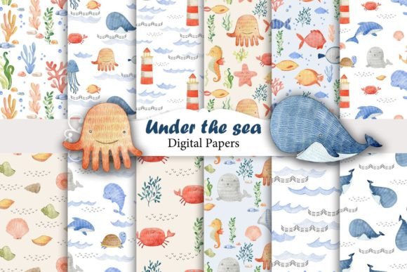 Watercolor Sea Animals Seamless Patterns